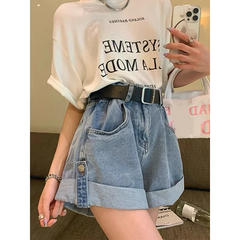 9014夏季新款设计感卷边遮胯显瘦A字卷边牛仔短裤女