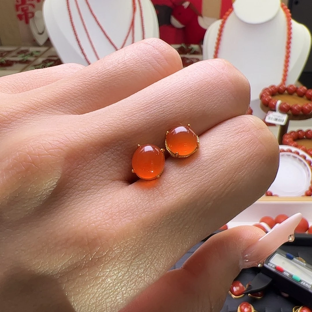 南红玛瑙银S925镶嵌耳钉