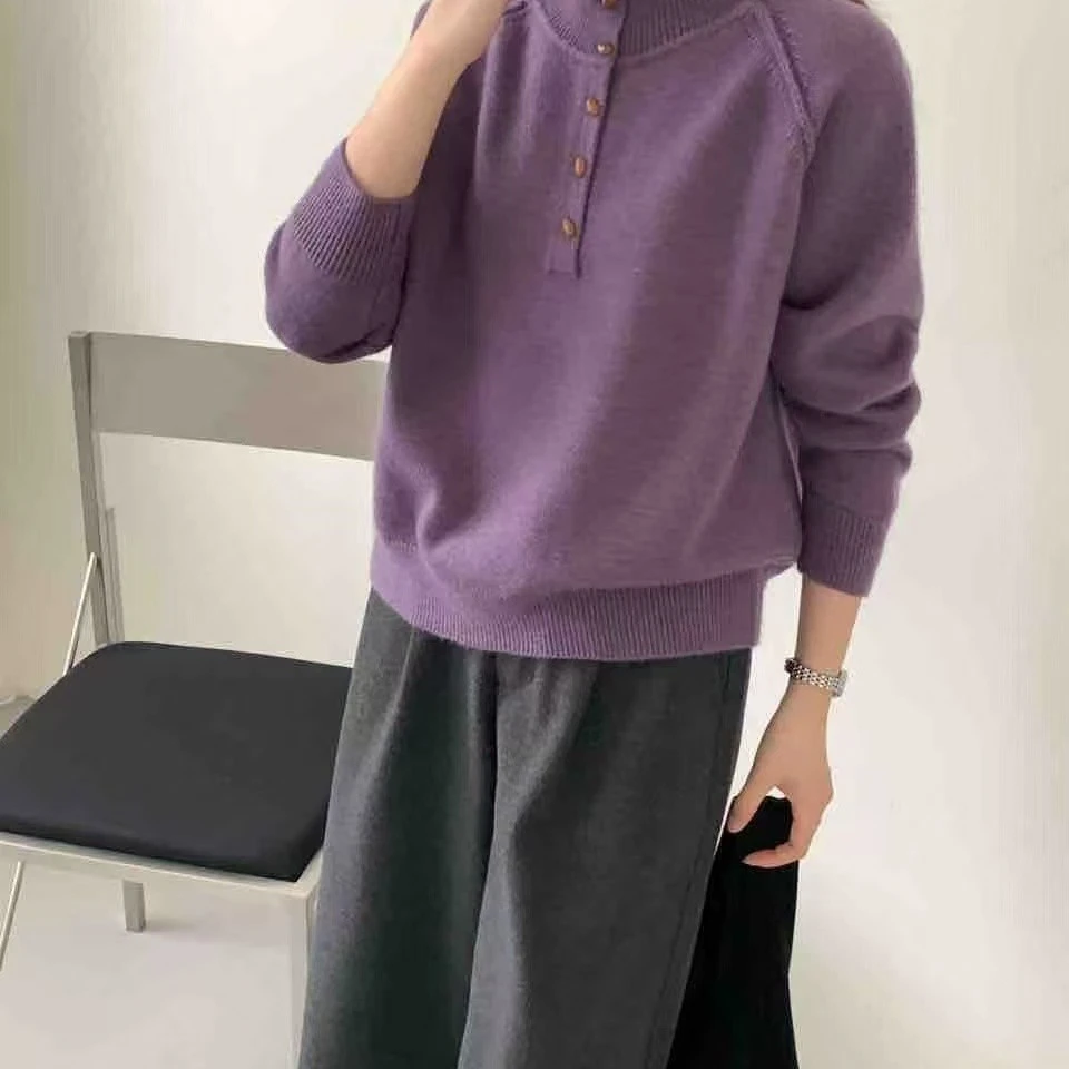 套头毛针织衫极简风纯色时尚中领扣子针织衫