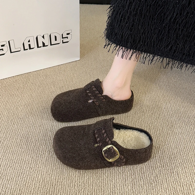 复古呢子包头半拖鞋女外穿2025秋冬新款一脚蹬厚底灰色毛毡勃肯鞋