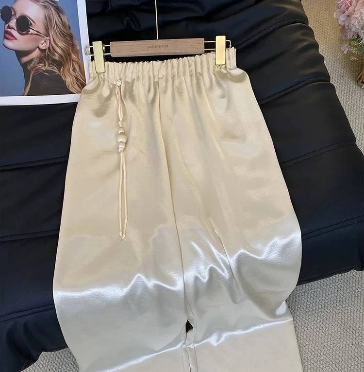高端欧货醋酸松紧腰2025夏季纯色百搭宽松透气直筒裤女长裤