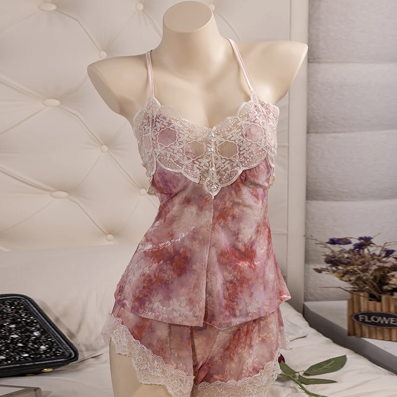 语萱娜【80-220斤】大码女士蕾丝胖妹吊带短裤睡衣两件套装YYTZ010