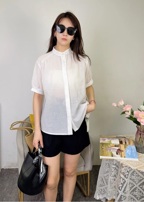 5661新款夏季薄款净版立领单排扣泡泡袖宽松遮肉百搭短袖衬衫上衣