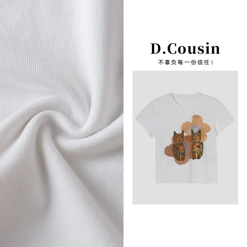 D.cousin  趣味卡通猫咪印花白色正肩短袖T恤女夏季新款   2733
