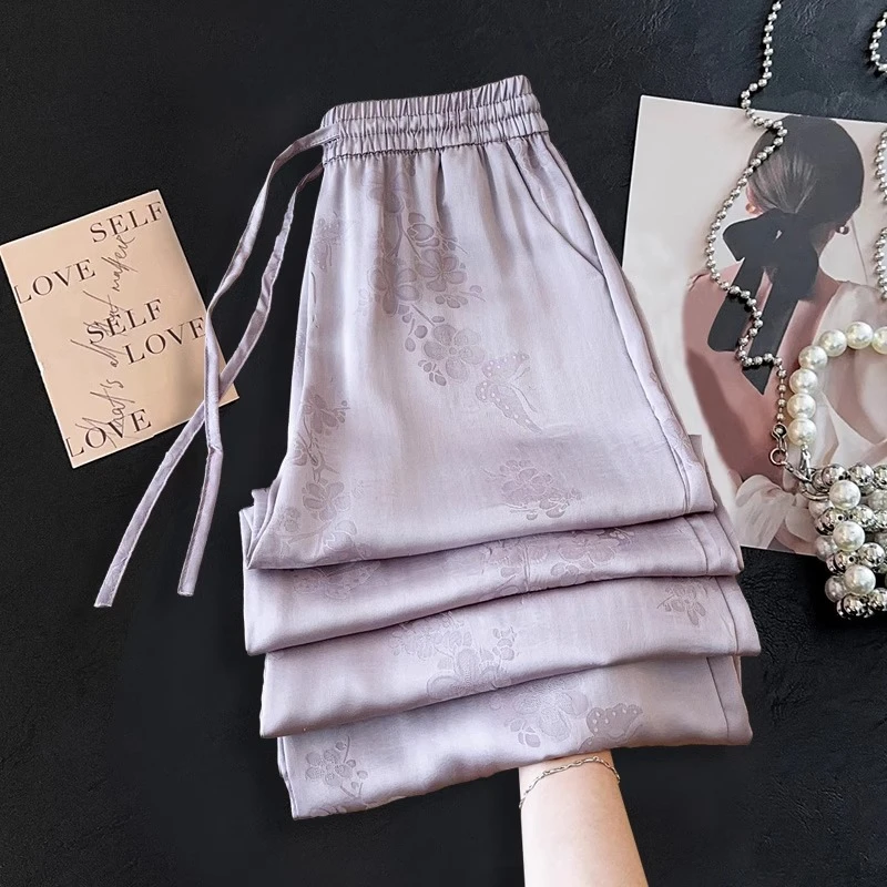 新中式醋酸印花阔腿裤女2025年春夏新款小个子裤子宽松九分直筒裤