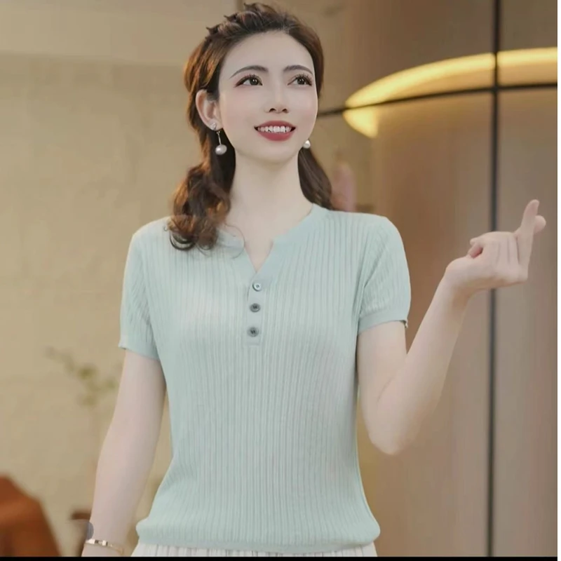 V领三扣  1夏季纽扣半开V领针织短袖女薄款套头