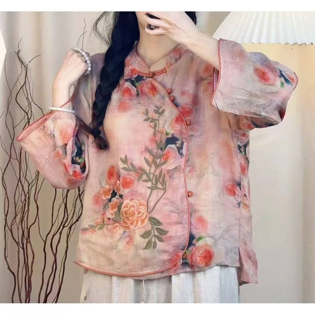 轻奢2025春季新款复古立领斜襟包扣纯苎麻印花宽松百搭长袖上衣女