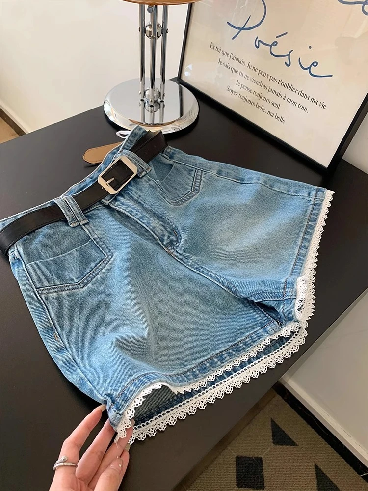 蓝色蕾丝花边a字牛仔短裤女大码胖mm夏季薄款超短裤高腰阔腿热裤