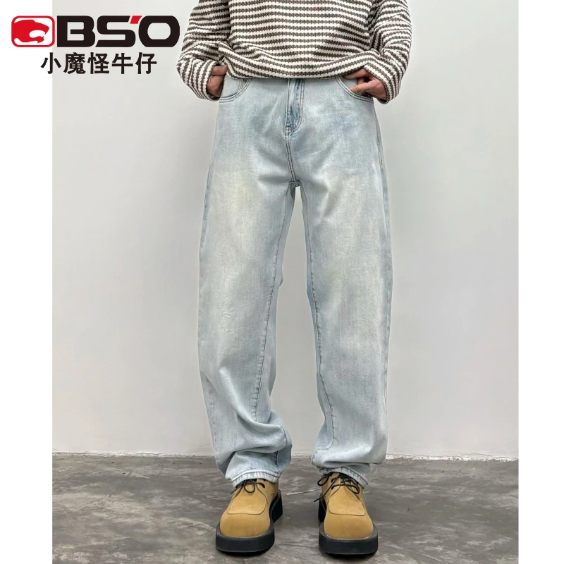 小魔怪2025新款浅蓝色美式高街牛仔裤男宽松直筒休闲个性潮流长裤