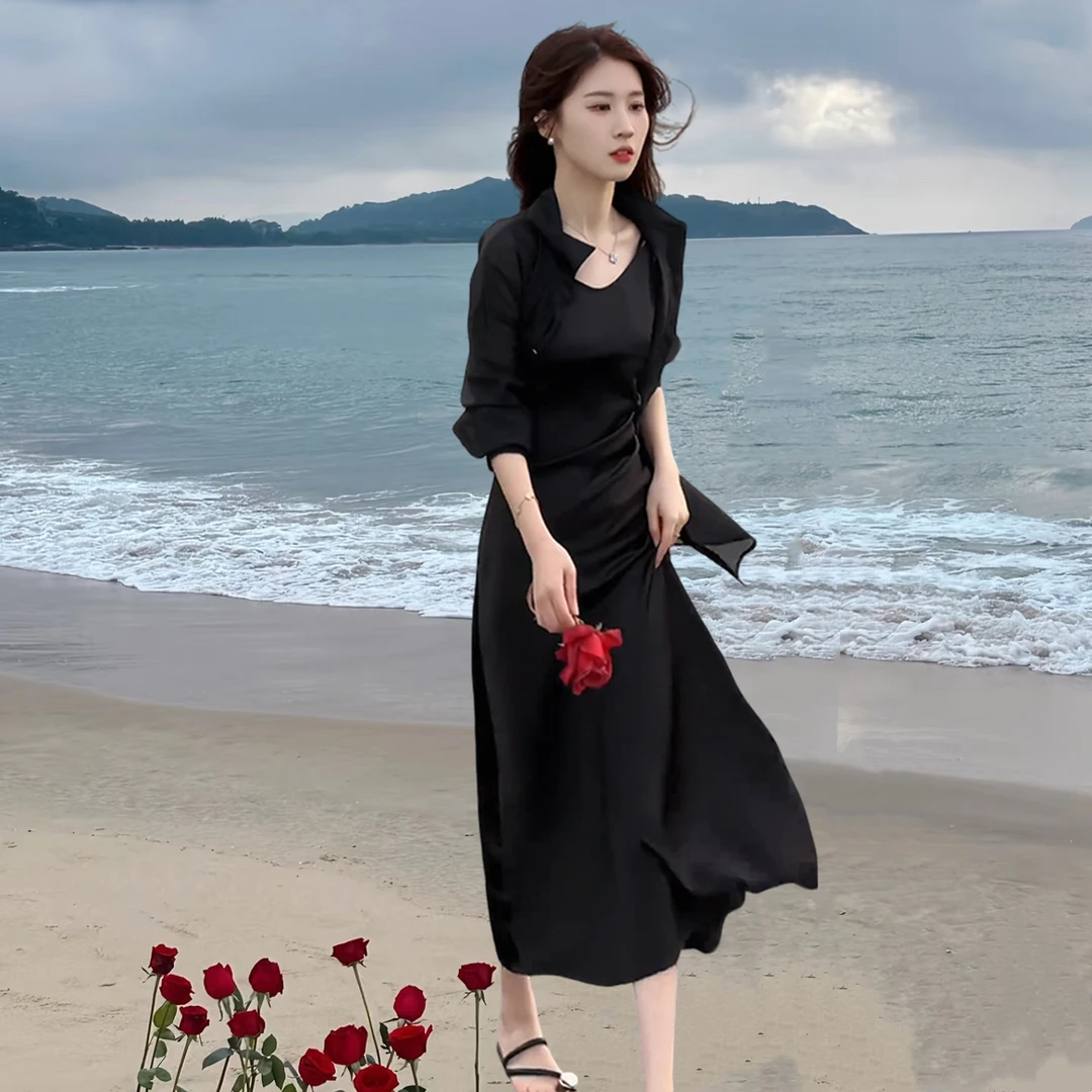网红爆款时尚两件套裙女夏季收腰显瘦气质吊带裙外搭防晒开衫衬衣
