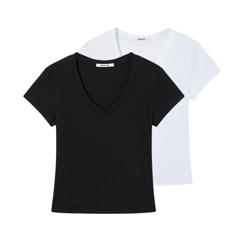 RAIN.CUN光合·2025新款百搭简约基础纯色V领棉T恤女11823