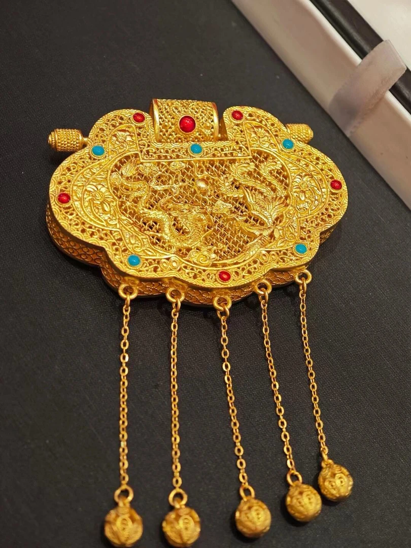 足金999真金古法金珐琅彩天子门生吊坠