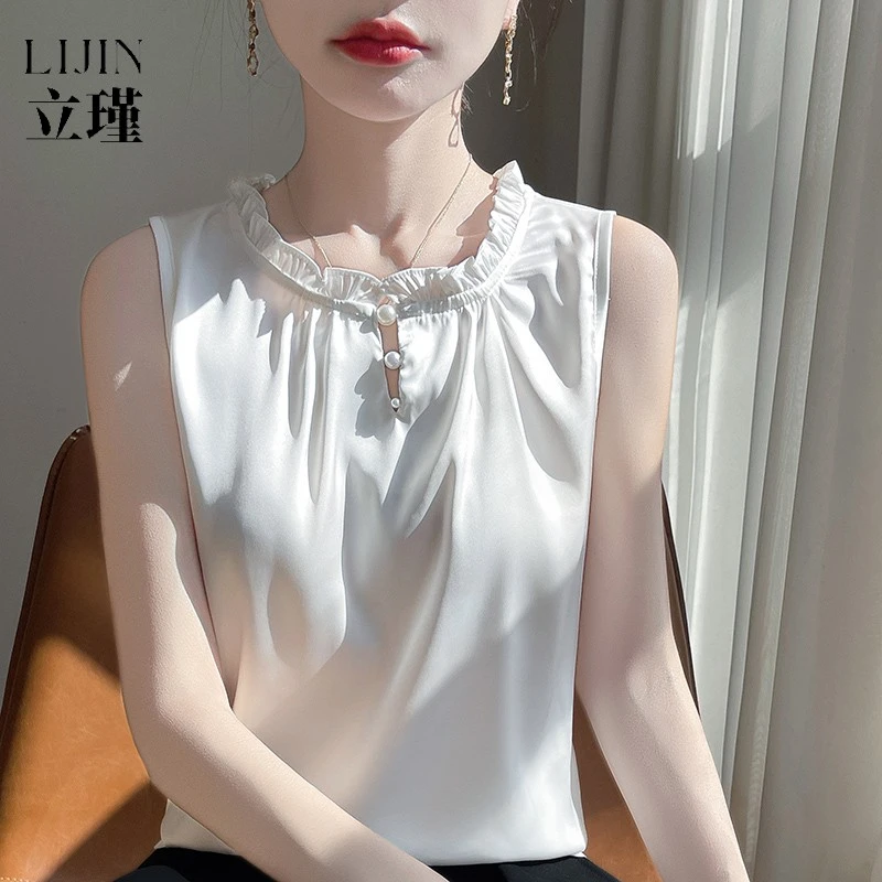 小香风木耳边缎面小衫白色无袖t恤衬衫雪纺甜美度假吊带背心上衣