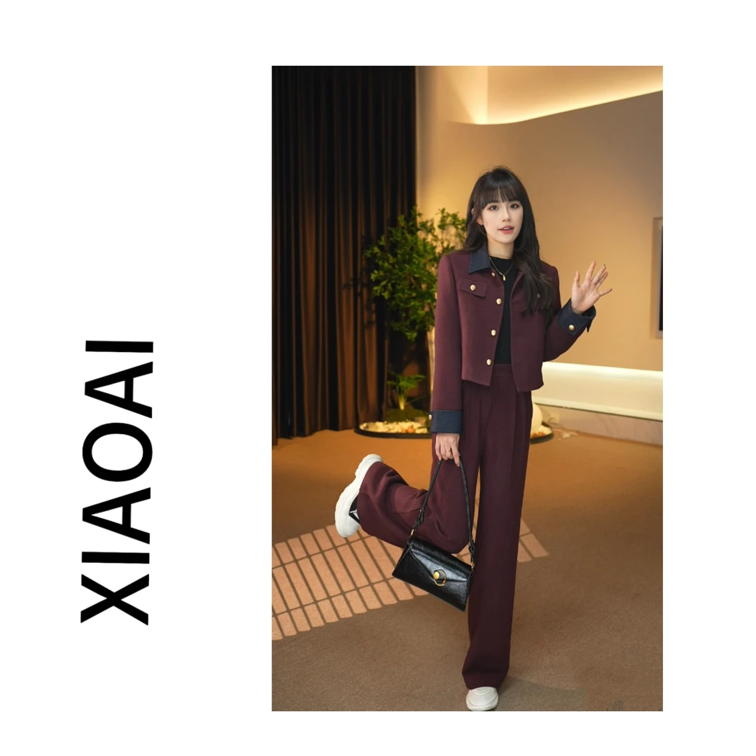 WR 0430 设计感POLO领拼接2024秋冬高级感羽绒外套+直筒裤套装女