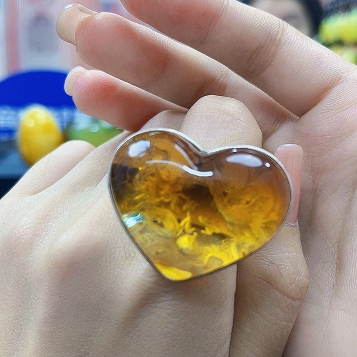 琥珀银S925镶嵌颈饰戒指