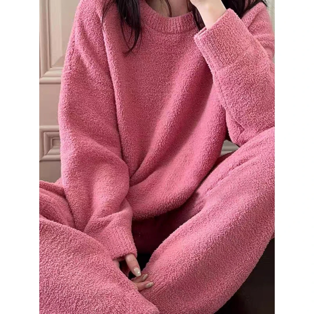 韩系高级感半边绒睡衣女冬季加绒加厚圆领针织家居服大码长裤套装