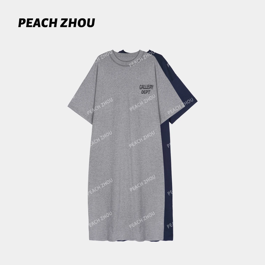 『PEACHZHOU』字母做旧印花慵懒松弛休闲宽松圆领长款短袖T恤连衣裙