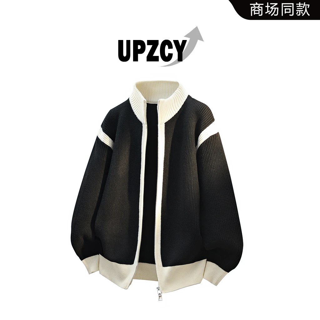 UPZCY美式拼接开衫毛衣男秋季休闲撞色设计针织衫上衣高级感外套