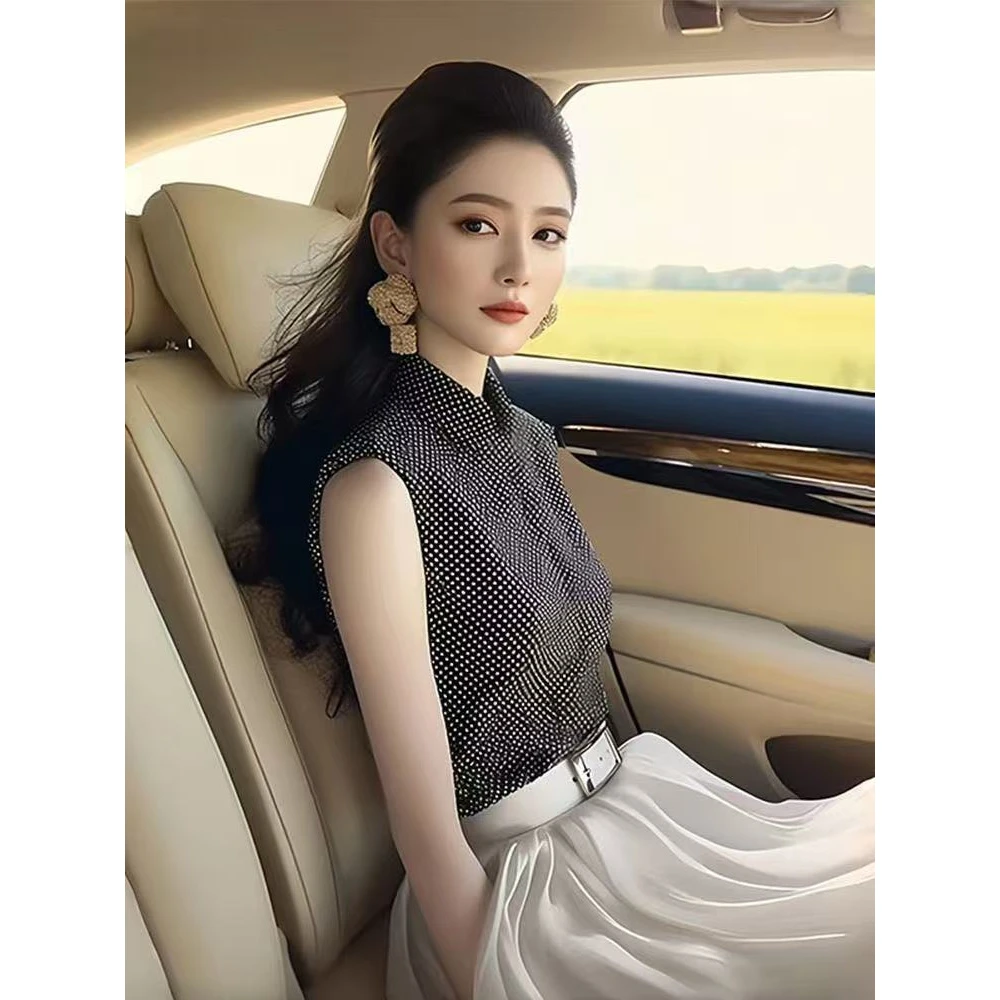 洋气休闲装黑色波点修身无袖衬衫女小众不撞款独特超好看上衣2025