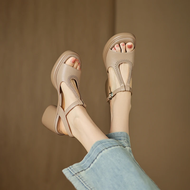 小个子增高8cm~厚底高跟凉鞋夏季新款羊皮气质高跟鞋露趾外穿女鞋