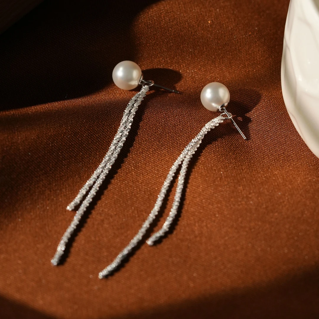 丽沁 925银耳饰 优雅螺旋流苏珠珠耳钉长款闪亮小众气质女耳饰