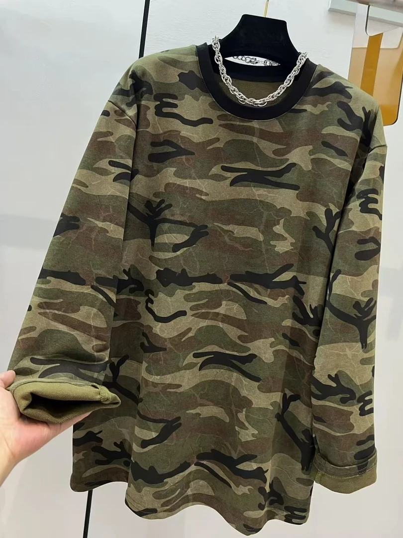 Manmi  撞色领口美式复古迷彩套头卫衣  35309（C4）