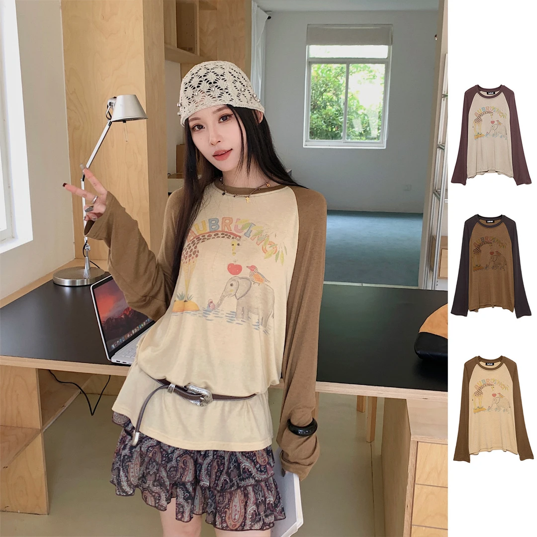 AUBRUINO 手绘印花撞色动物园插袖长袖T恤 GoGoBuyer DY5A28037