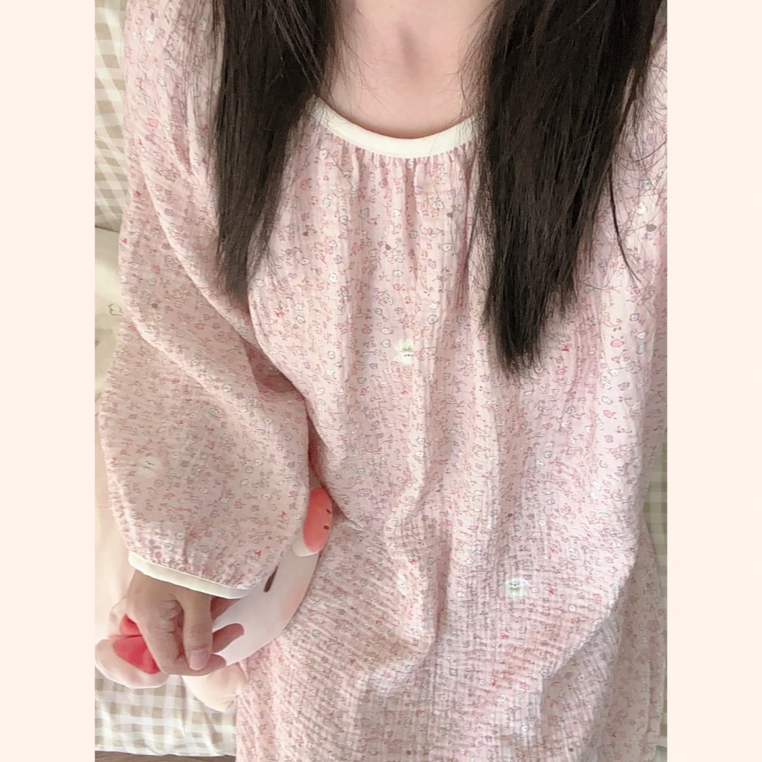 新款纯棉婴儿棉纱圆领家居长裙