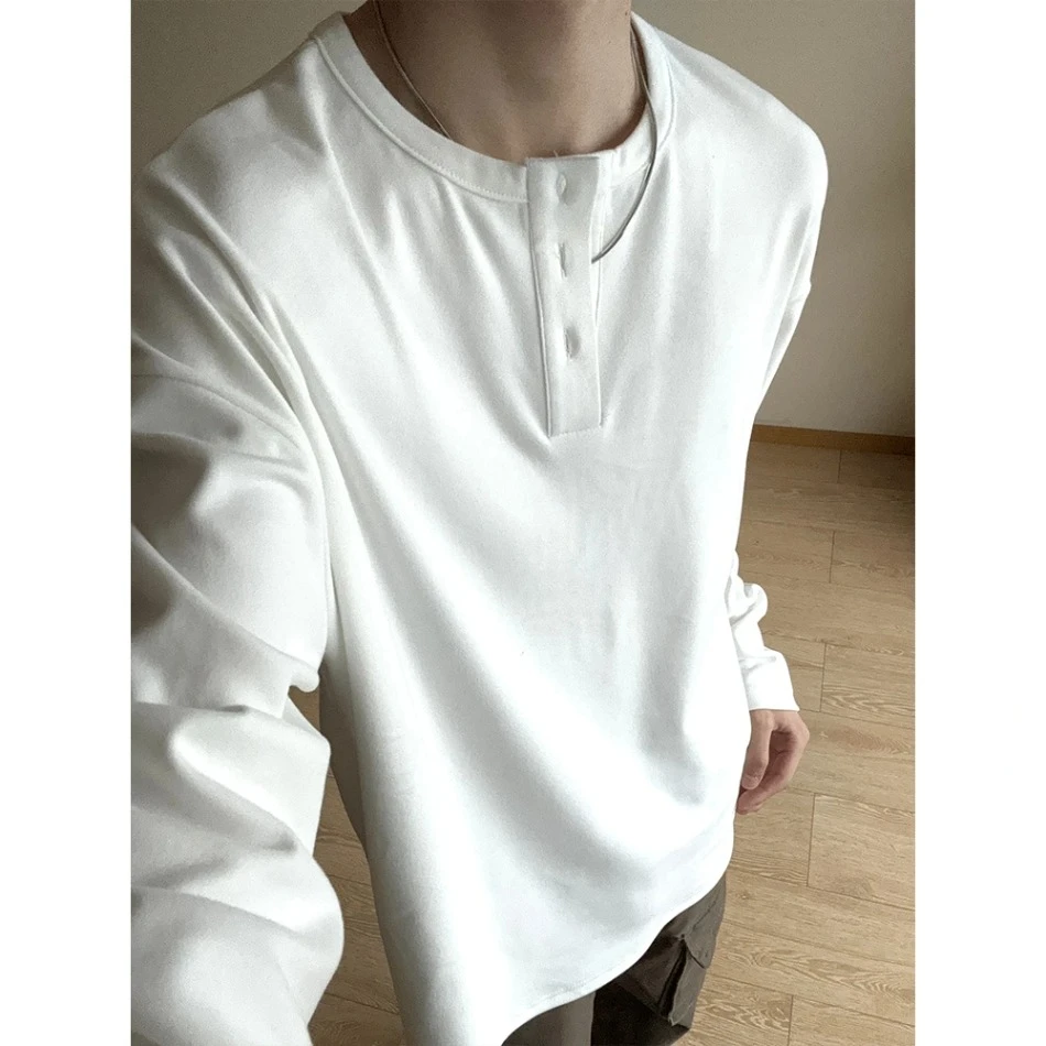 美式复古白色亨利领打底衫男冬季cleanfit高级感宽松重磅长袖T恤
