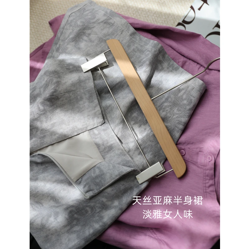 淡雅晕染印花天丝亚麻半身裙女夏高腰显瘦A字薄款开叉中长款裙子