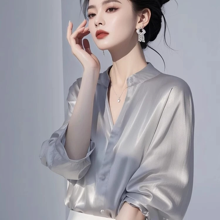 法式高级感轻奢减龄v领衬衫女2025春季新款洋气小众漂亮灰色上衣