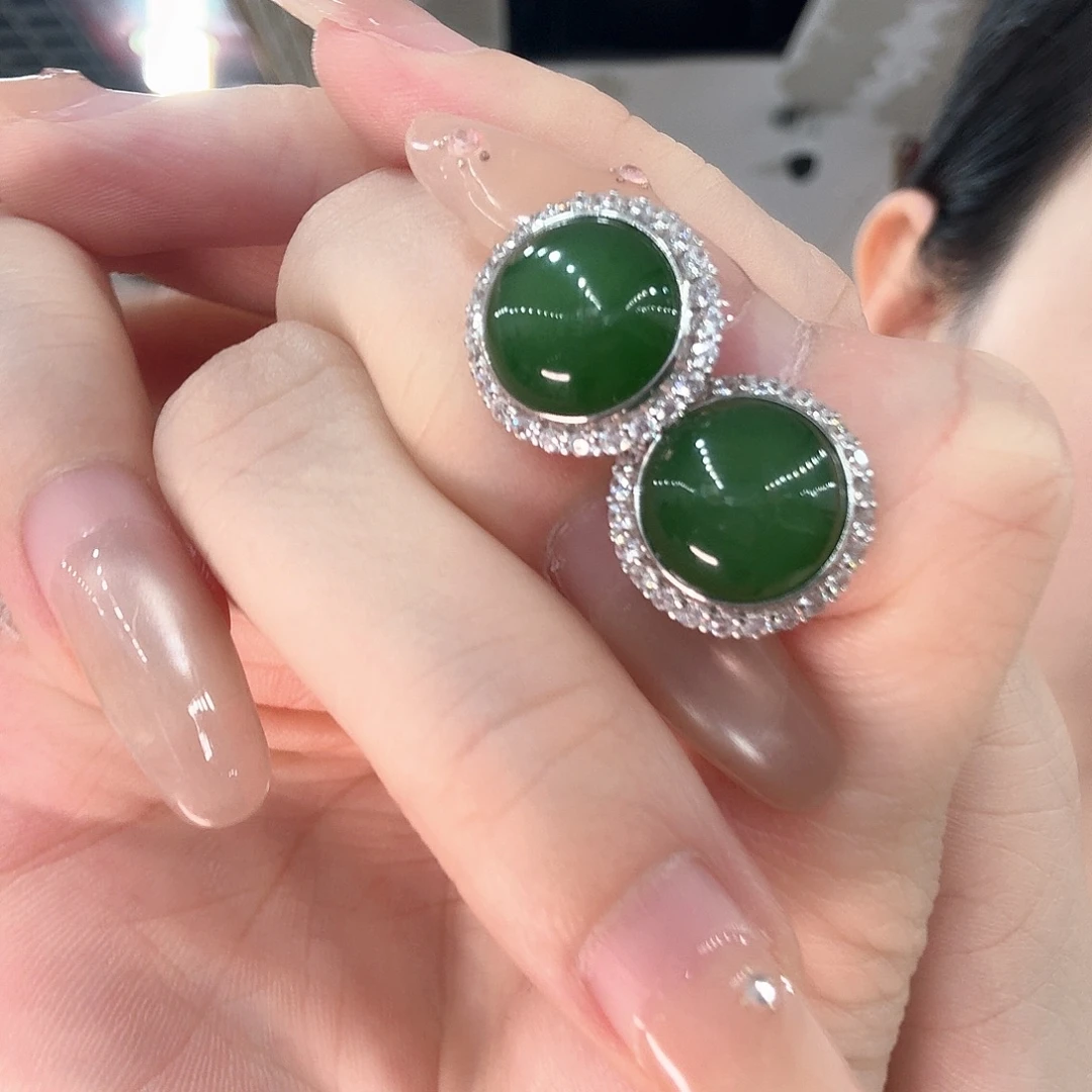 和田玉银S925镶嵌耳饰
