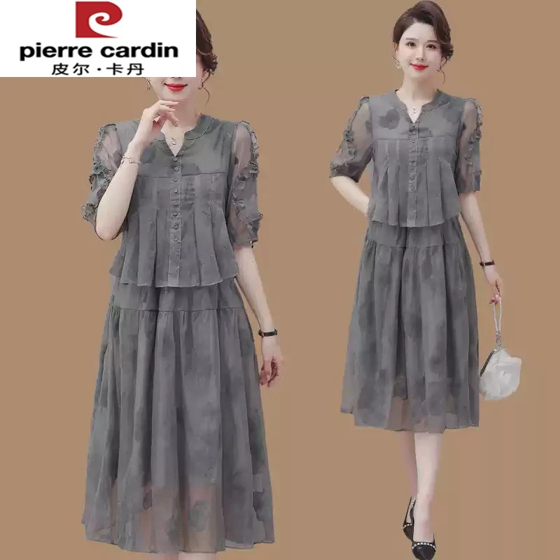 皮尔卡丹中年妈妈纱料连衣裙女新款夏轻奢高级感气质贵夫人假两件