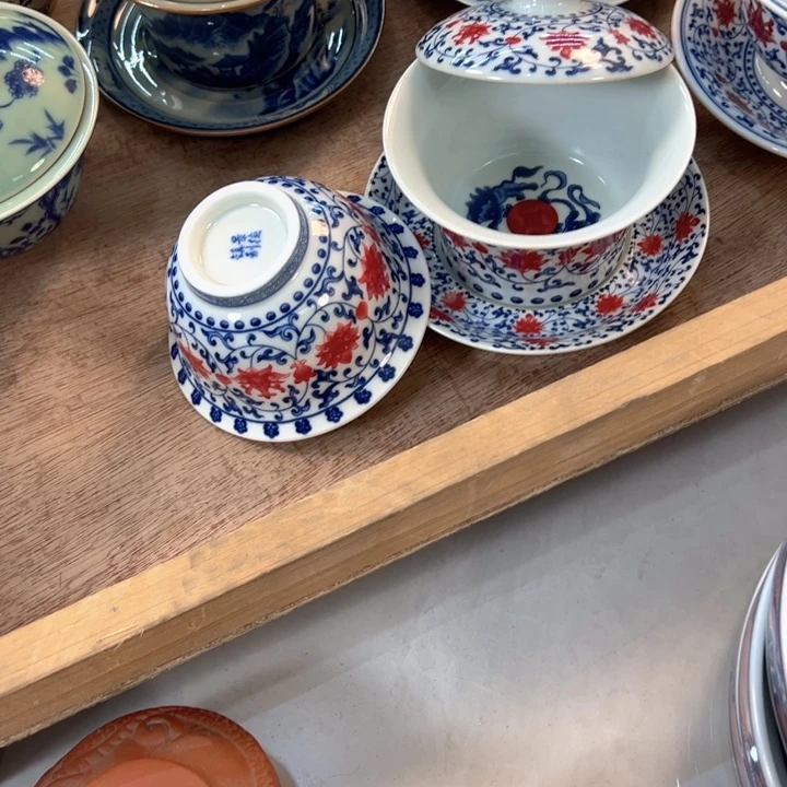 瓷片白青花釉里红缠枝莲马蹄盖碗加主人杯全品