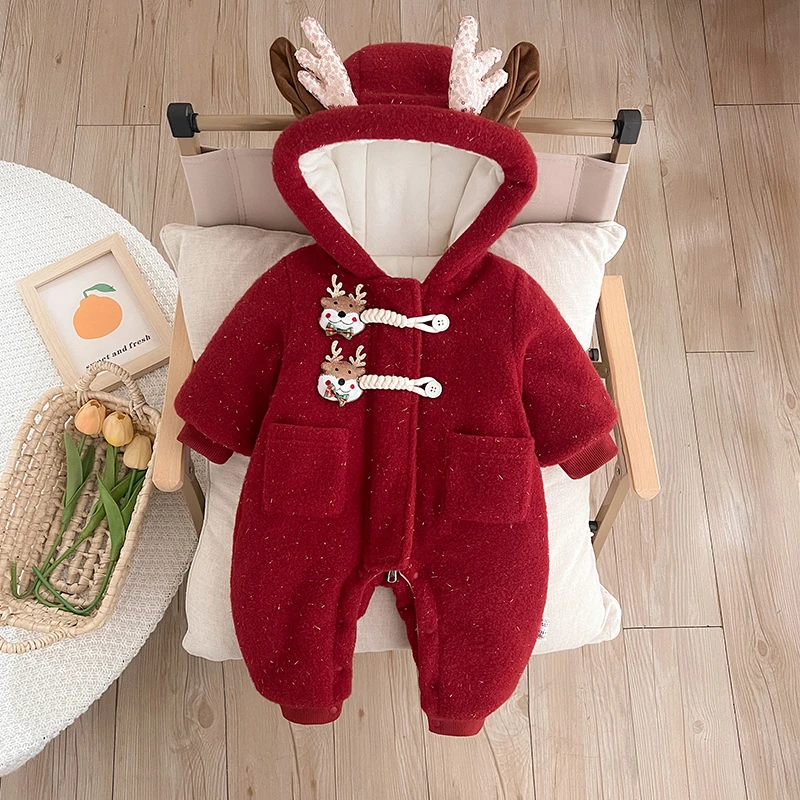 婴儿拜年服冬季加绒加厚男女宝宝中国风周岁礼服百天满月哈衣爬服