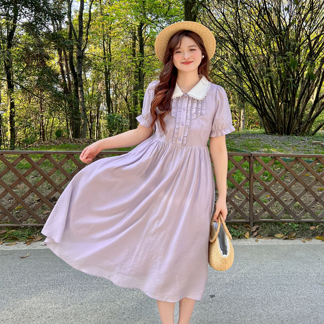 【夏季新品】大码百分百法式复古娃娃领泡泡袖连衣裙女0499