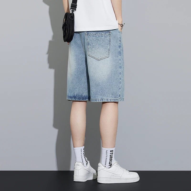 浅色提花牛仔短裤男士夏季薄款直筒中裤潮牌复古休闲百搭五分裤子