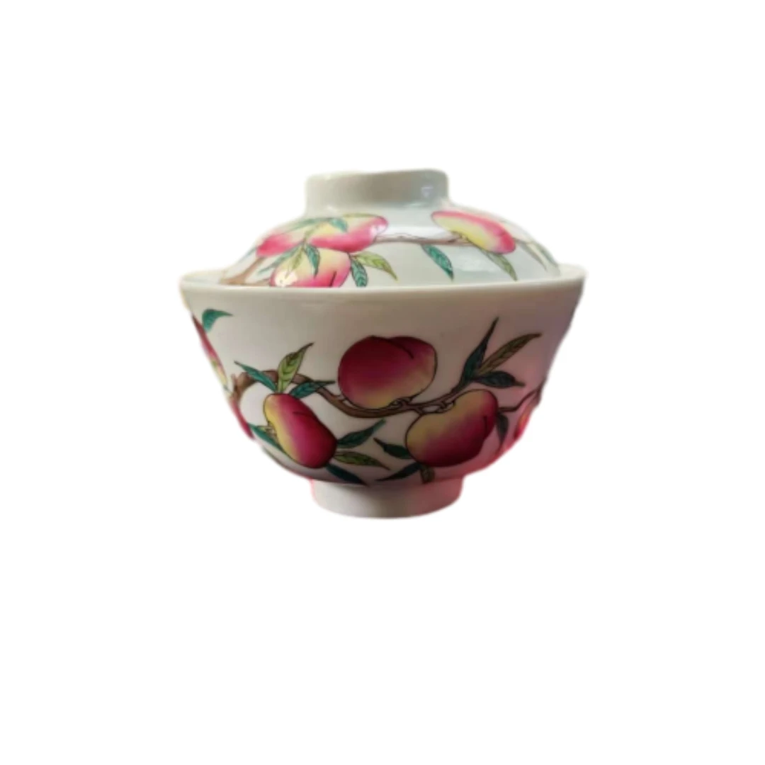 清同治粉彩寿桃二才盖碗