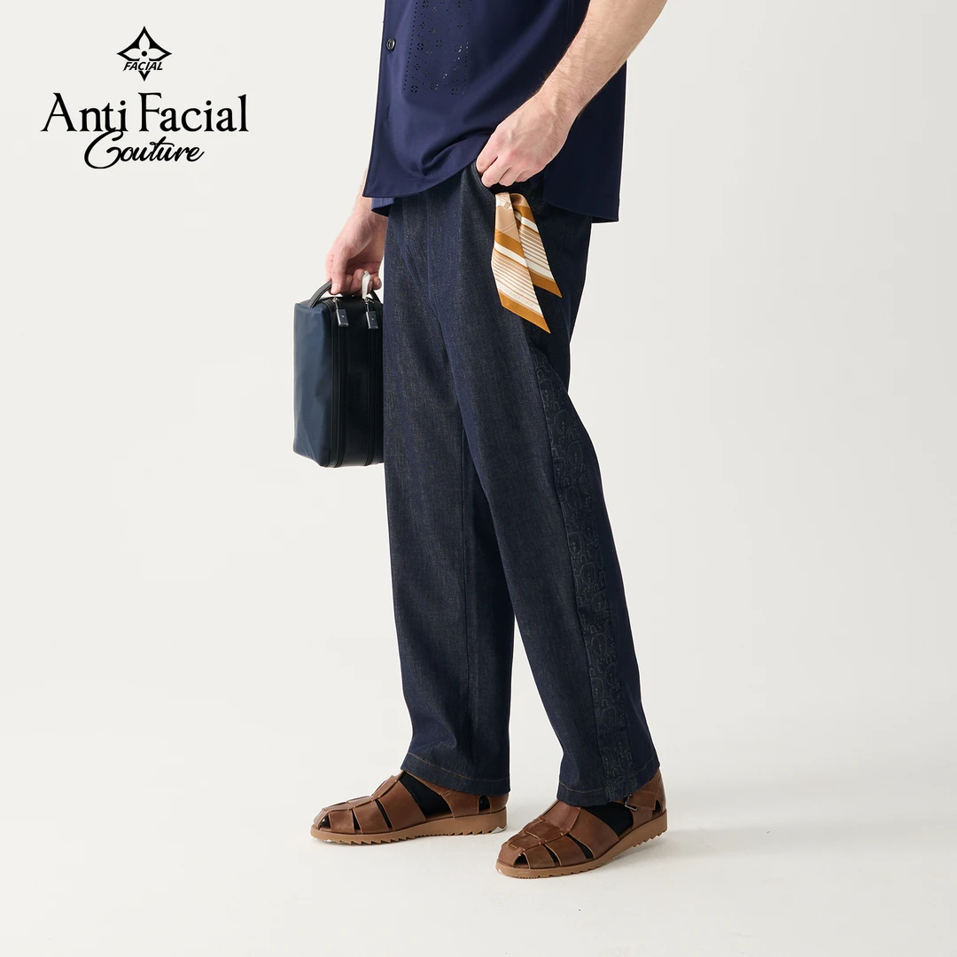 ANTI FACIAL 夏季宽松阔腿男士牛仔裤色织水洗直筒休闲牛仔长裤