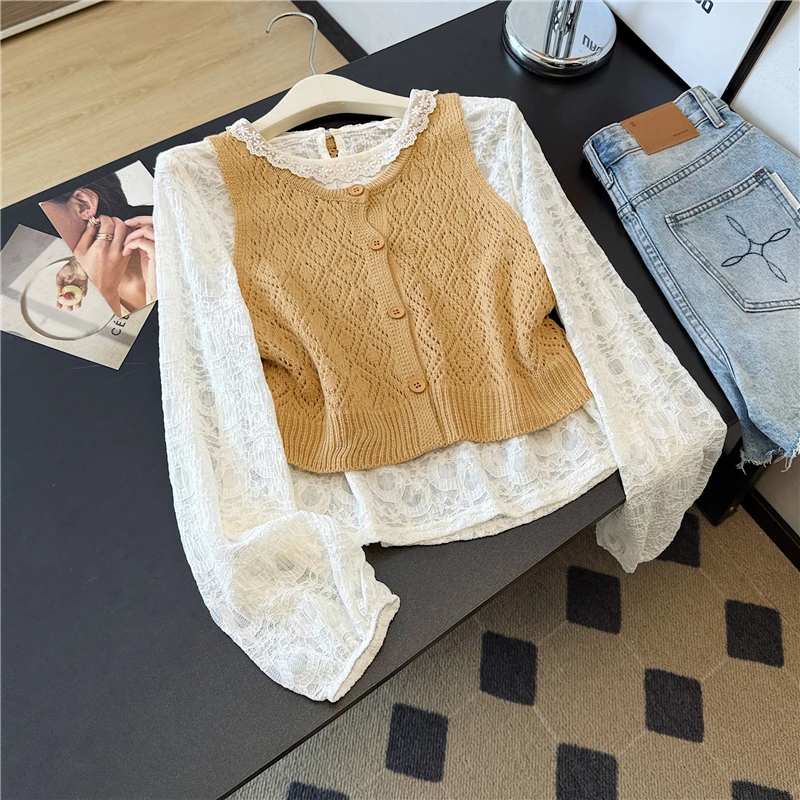 秋季新款针织马甲女短款叠穿上衣吊带毛衣背心衬衫两套装