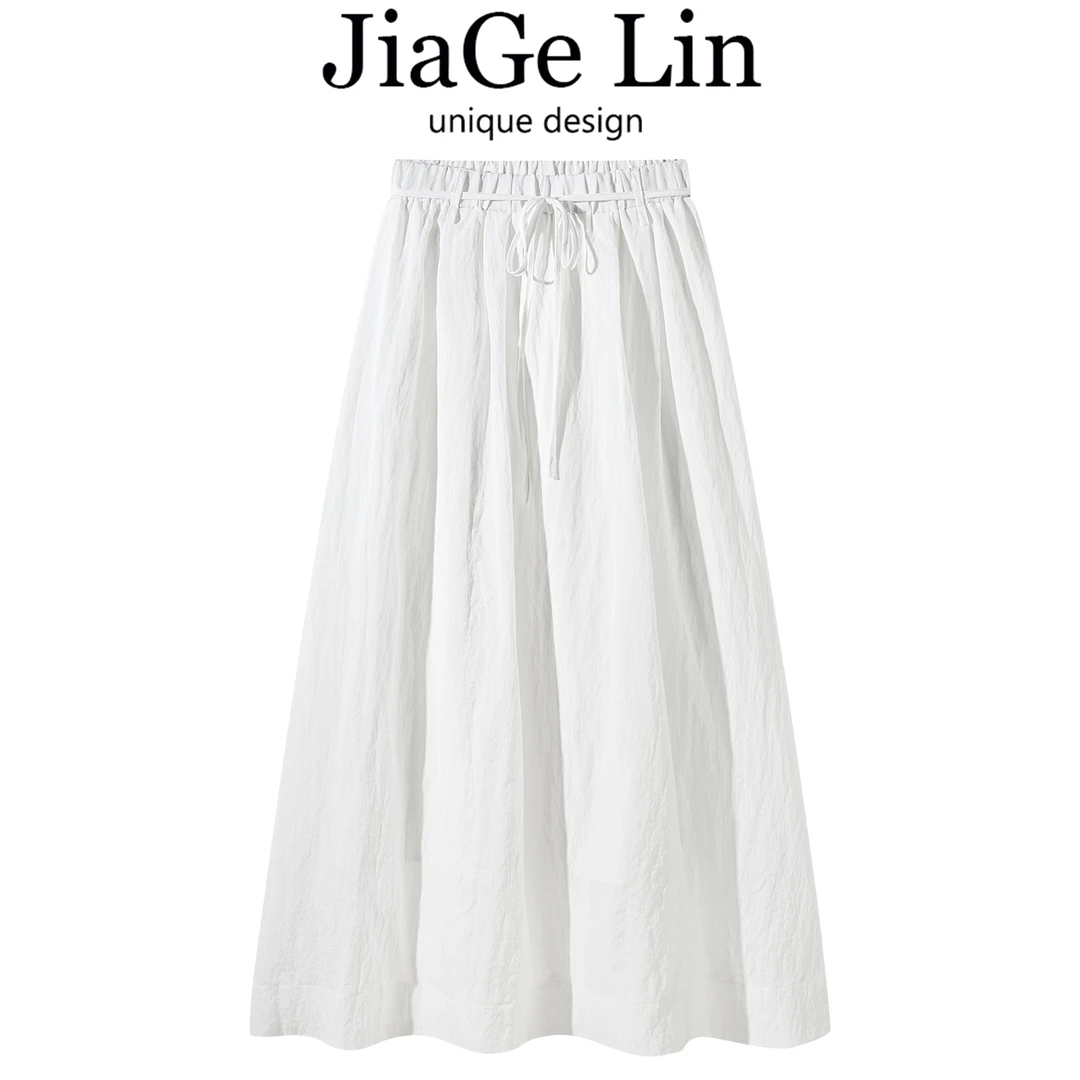 JiaGeLin韩系高级感松紧腰半身裙白色长裙女夏季百搭显瘦高腰裙子