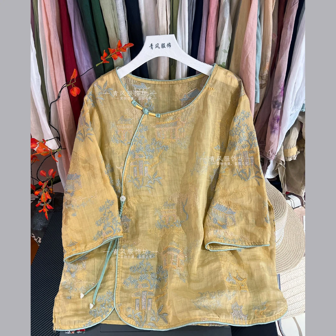 1739 高端苎麻银线刺绣圆领森系夏新中式气质斜襟国风贵气女上衣