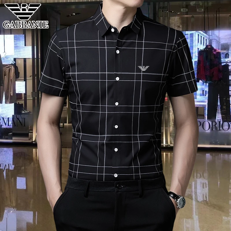 意大利品牌正品男士夏季冰丝短袖衬衫男休闲商务格子轻奢高档衬衣