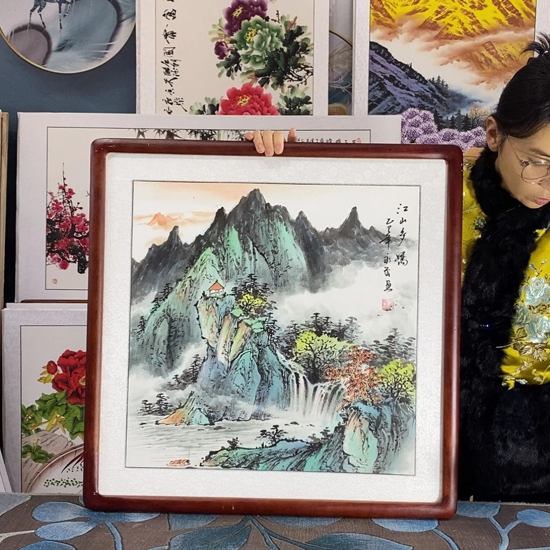 国画手写手绘国画作品带框包邮62✖️62