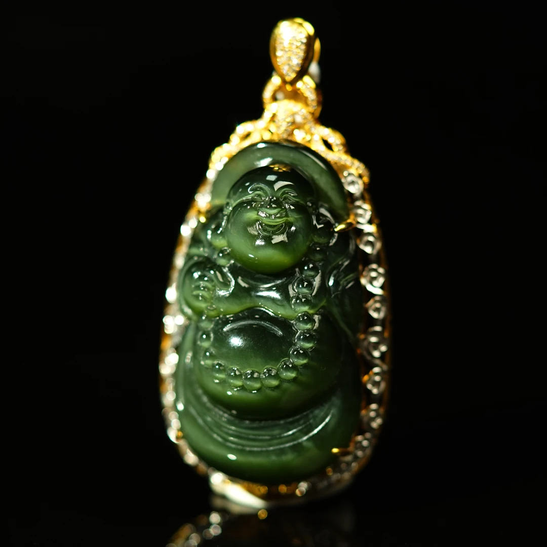 『小浩珠宝』天然和田玉碧玉老料·冰底猫眼黑猫逍遥佛18K吊坠