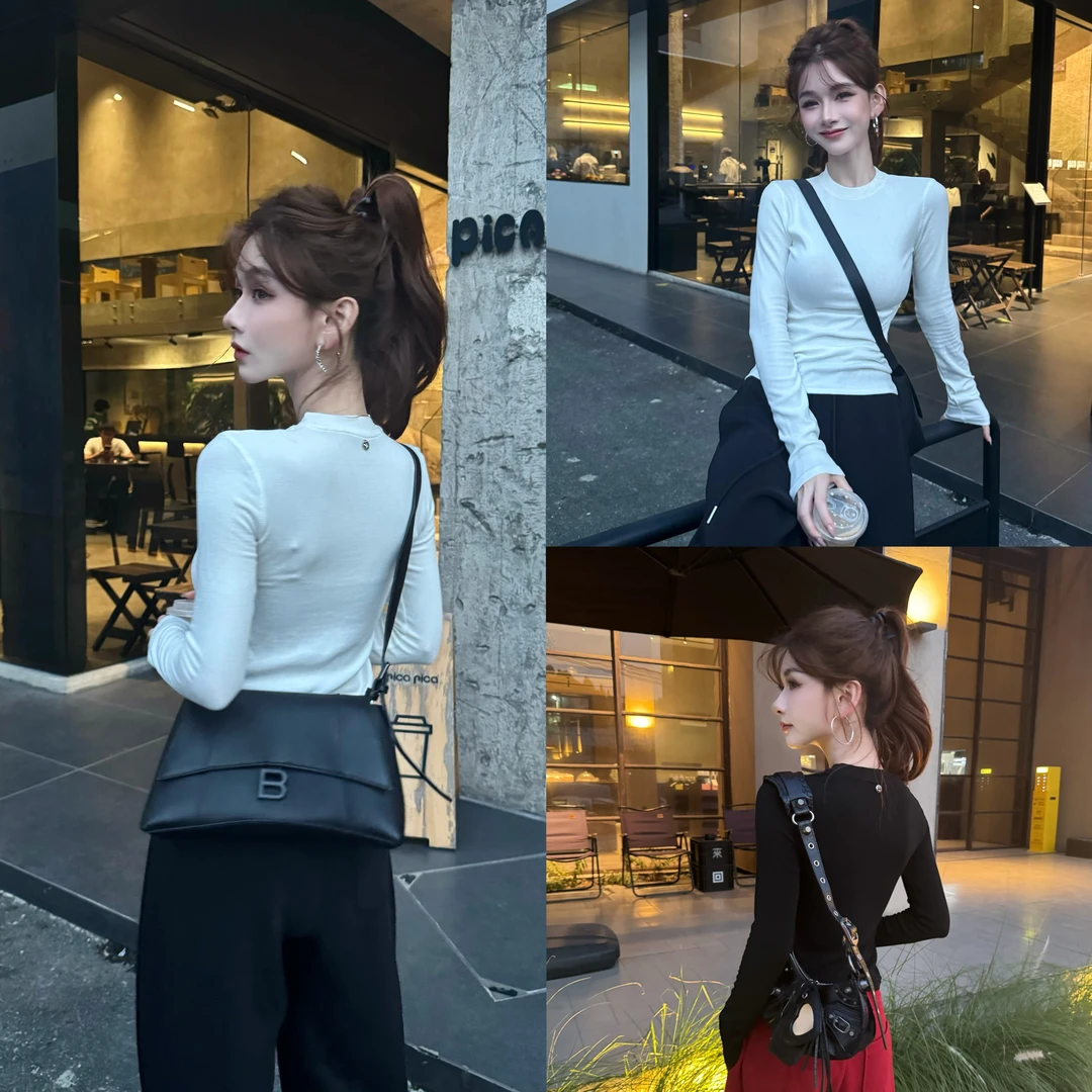 【自在韵律】圆领气质修身内搭针织短款上衣显瘦长袖洋气百搭打底衫