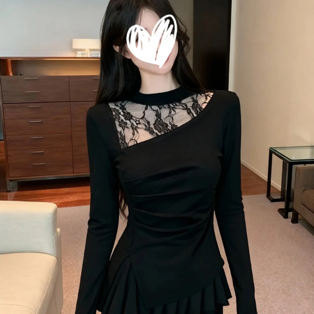 秋冬新款小众蕾丝拼接立领长袖加绒打底衫T恤辣妹褶皱显瘦上衣女