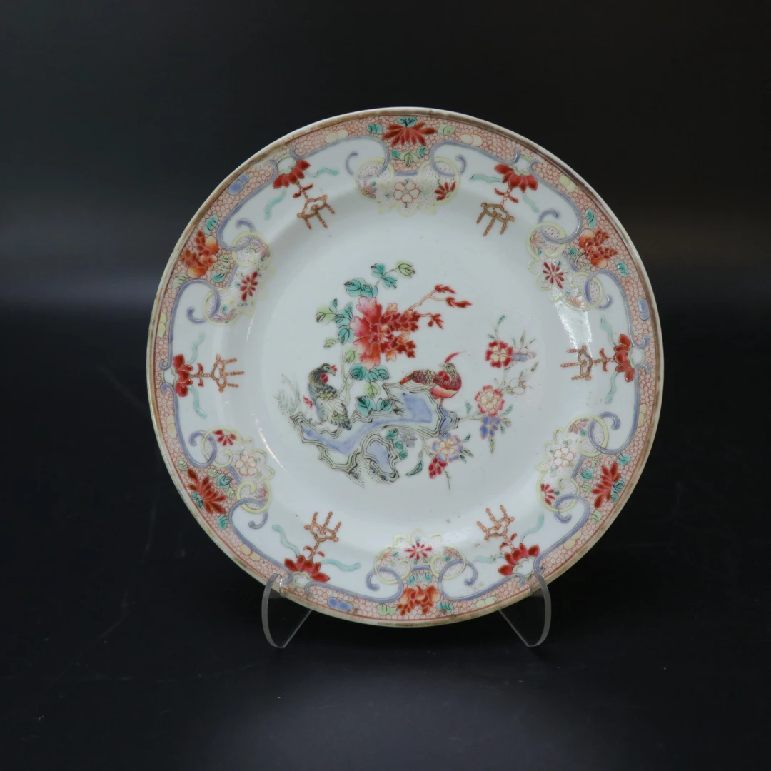 Lot.25121330清光绪粉彩锦鸡牡丹纹盘 直径：约18.7cm