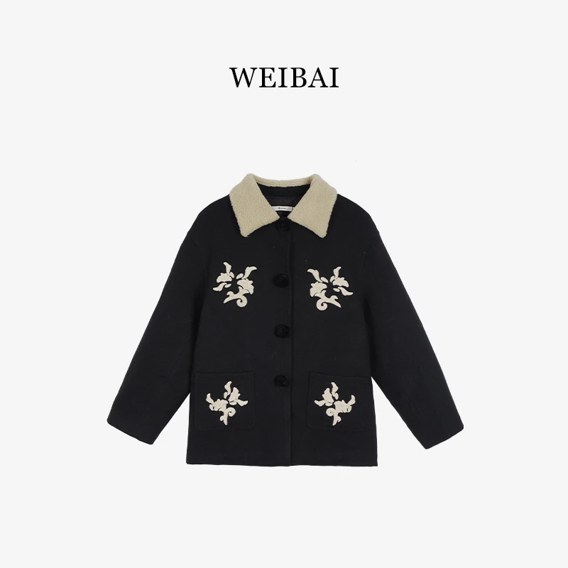 法式小众设计高级感刺绣外套女呢子料羊毛大衣风衣女82582