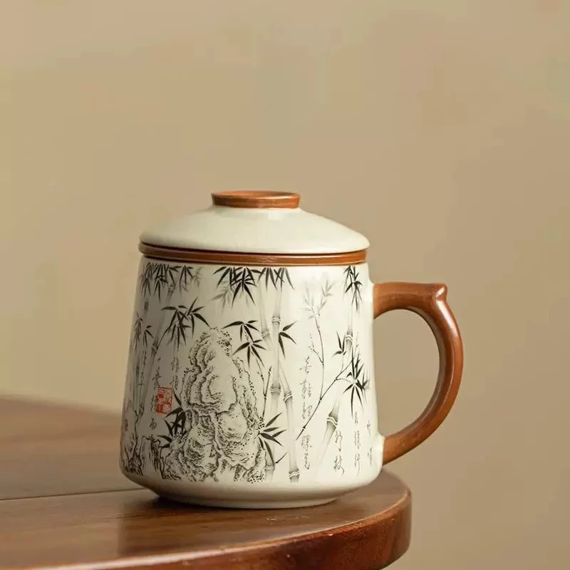 【陶制】办公杯茶水分离杯带盖水墨竹影陶瓷个人专用过滤内胆马克杯
